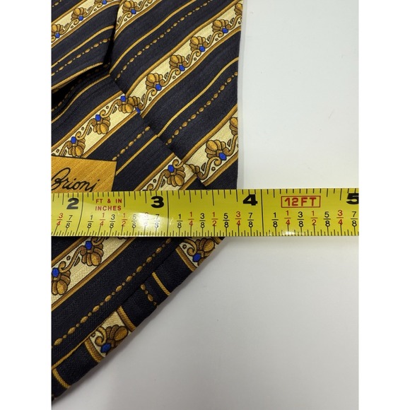 Brioni Luxury Mens Neck Tie Black Navy & Gold Striped W/Cream Blue Accents Italy - Picture 5 of 6